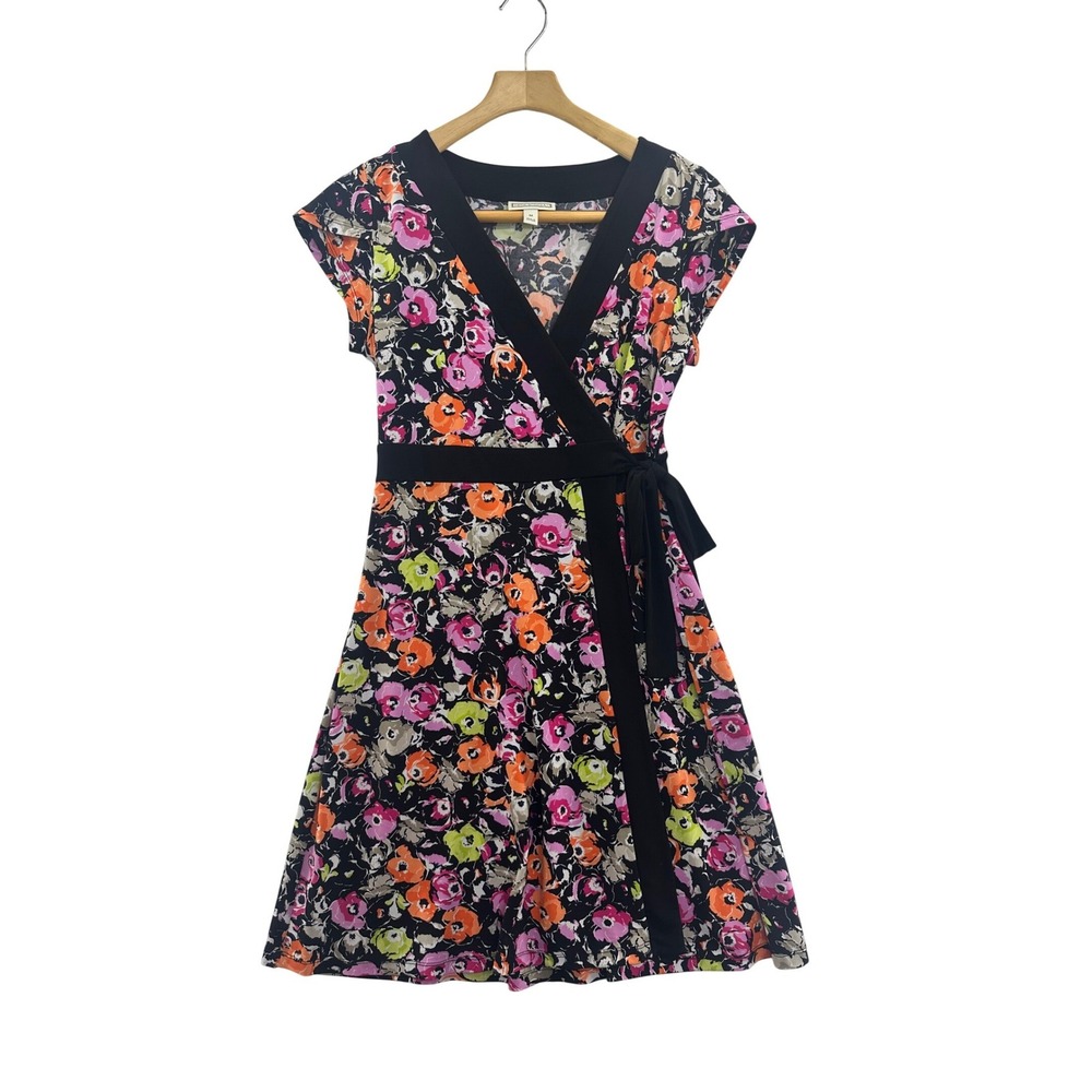 Dana Buchman Womens Wrap Dress Floral Print Black Pink Orange Greenā M